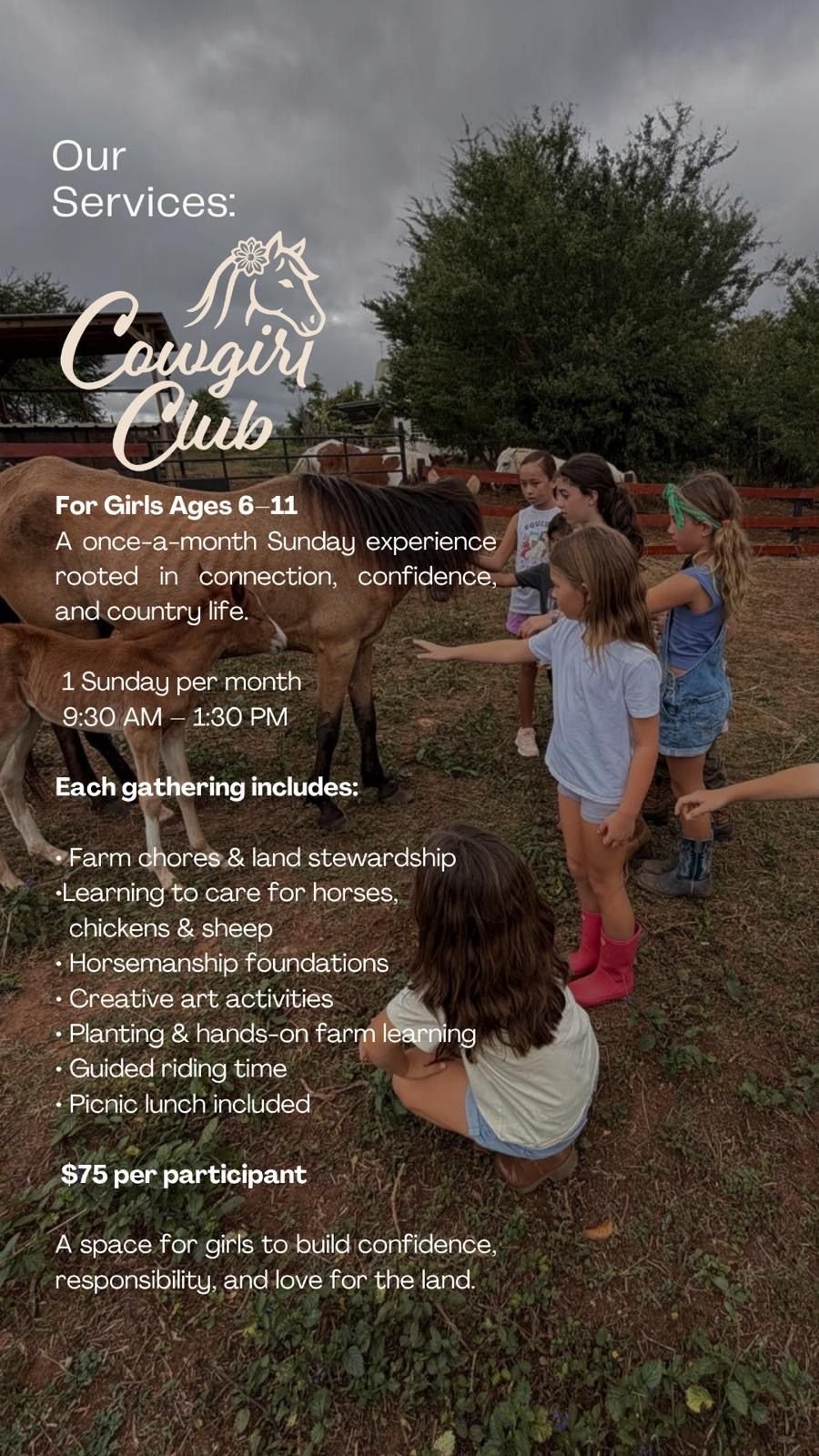 Cowgirl Club flyer: monthly Sunday ranch program for girls ages 6 to 11, 9:30 AM to 1:30 PM, $75 per participant