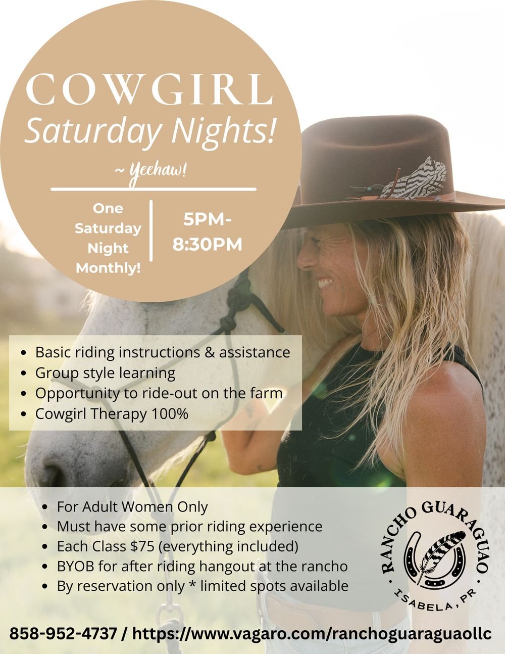 Cowgirl Saturday Nights flyer: monthly group riding night for adult women, 5 PM to 8:30 PM, $75 per class