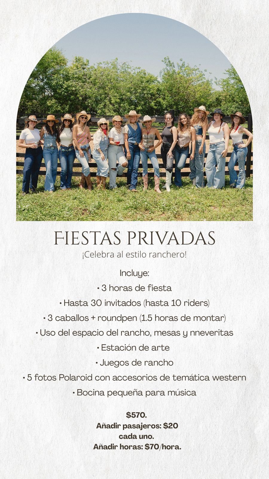 Fiestas Privadas flyer: private ranch party for up to 30 guests with horses, $570